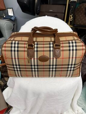 Burberry Tan Checkered Leather-Trim Duffel Bag